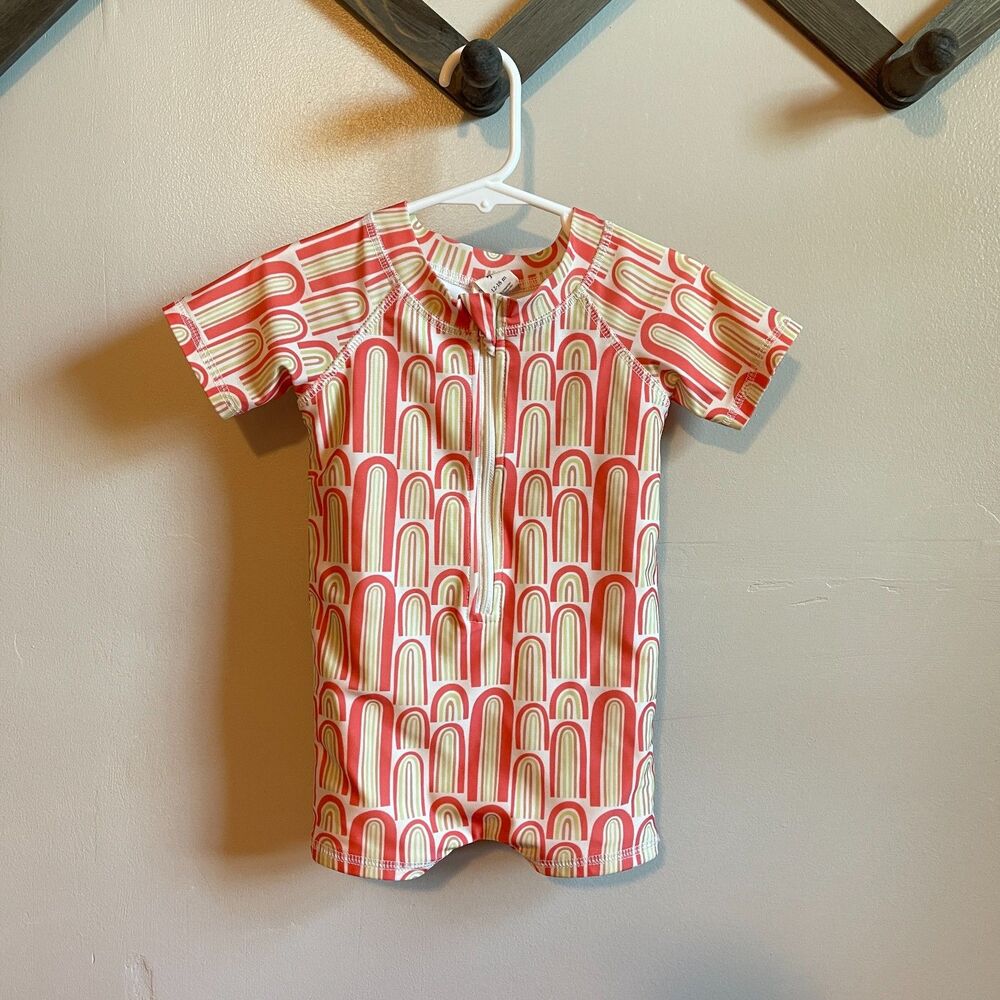 Kate Quinn 12-18M Zip Front Rash Guard | Retro Coral Rainbow One Piece Swim